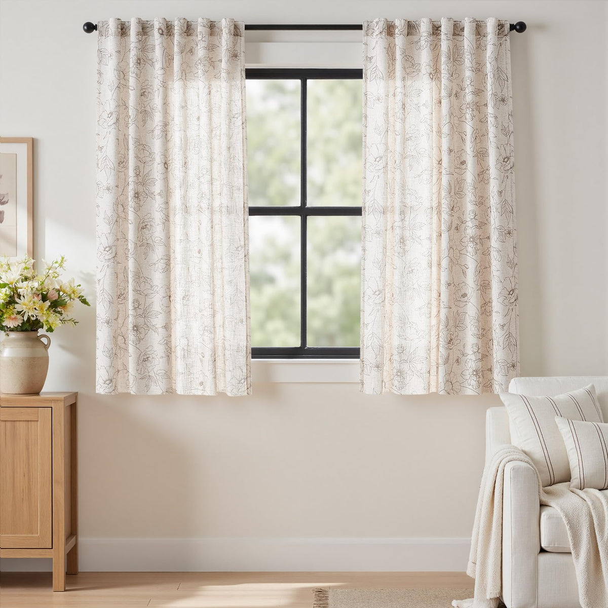 jinchan Taupe Floral Linen Curtains 84 Inch Farmhouse Back Tab 2 Panels