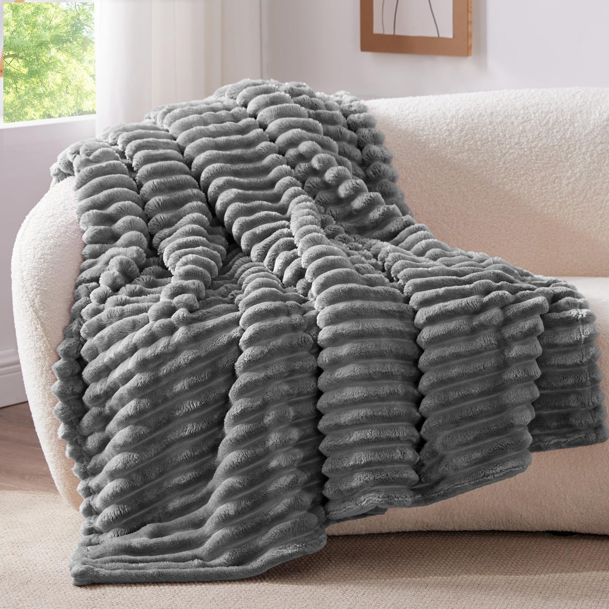 BEDELITE Ribbed Fleece Throw Blanket for Couch, Cream, 50"x60"