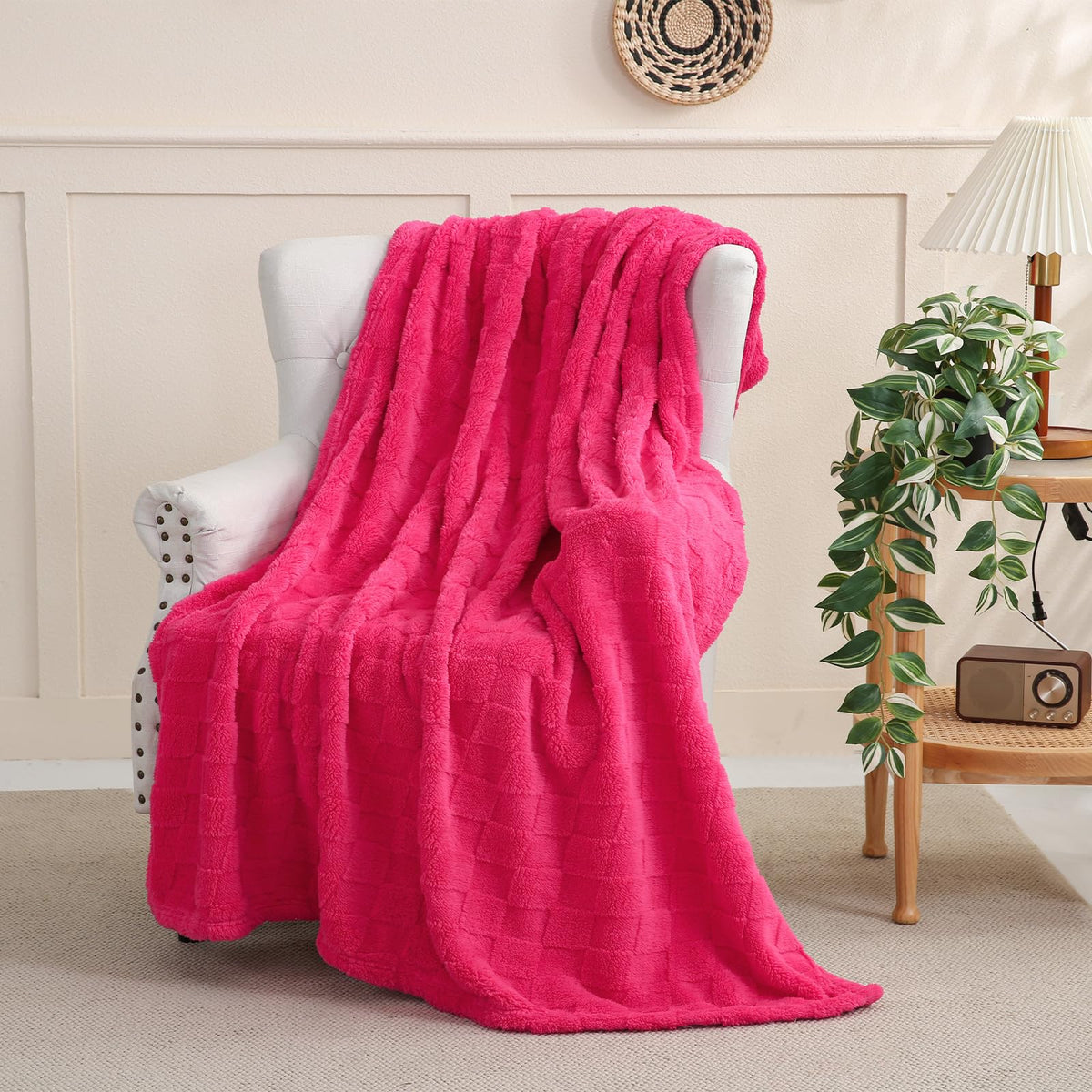 Deep Purple Fleece Throw Blanket 50”×60”Checkered Design for Couch