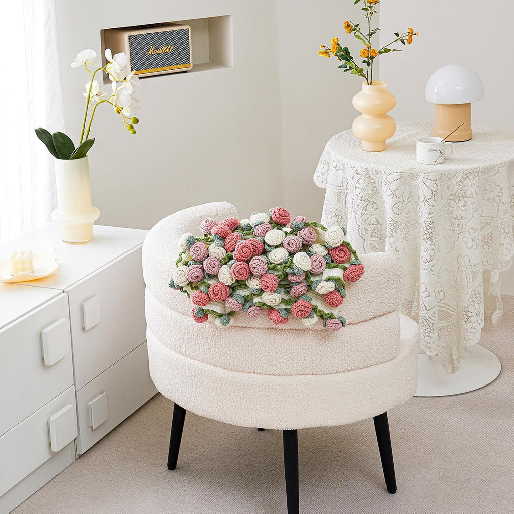 Crochet Flower Bouquet Throw Blanket, Handmade Knitted Blanket with Rose Flowers, Cute Romantic Gift for Her Girlfriend Mom Mother’s Day Valentine Wedding Anniversary Birthday, Pink and White