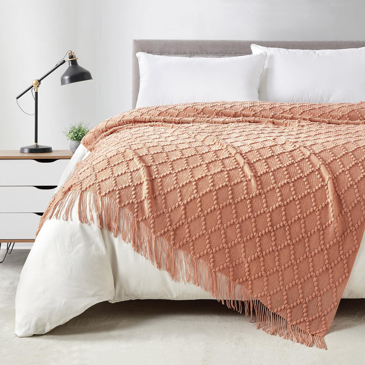 BOURINA Beige Throw Blanket 50x60 Inch Boho Knitted Soft Throw Sofa Blanket