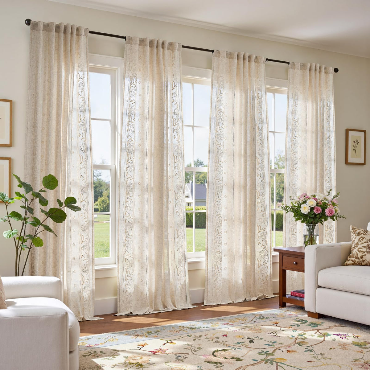 jinchan Sage Floral Linen Curtains for Living Room 84" Back Tab 2 Panels