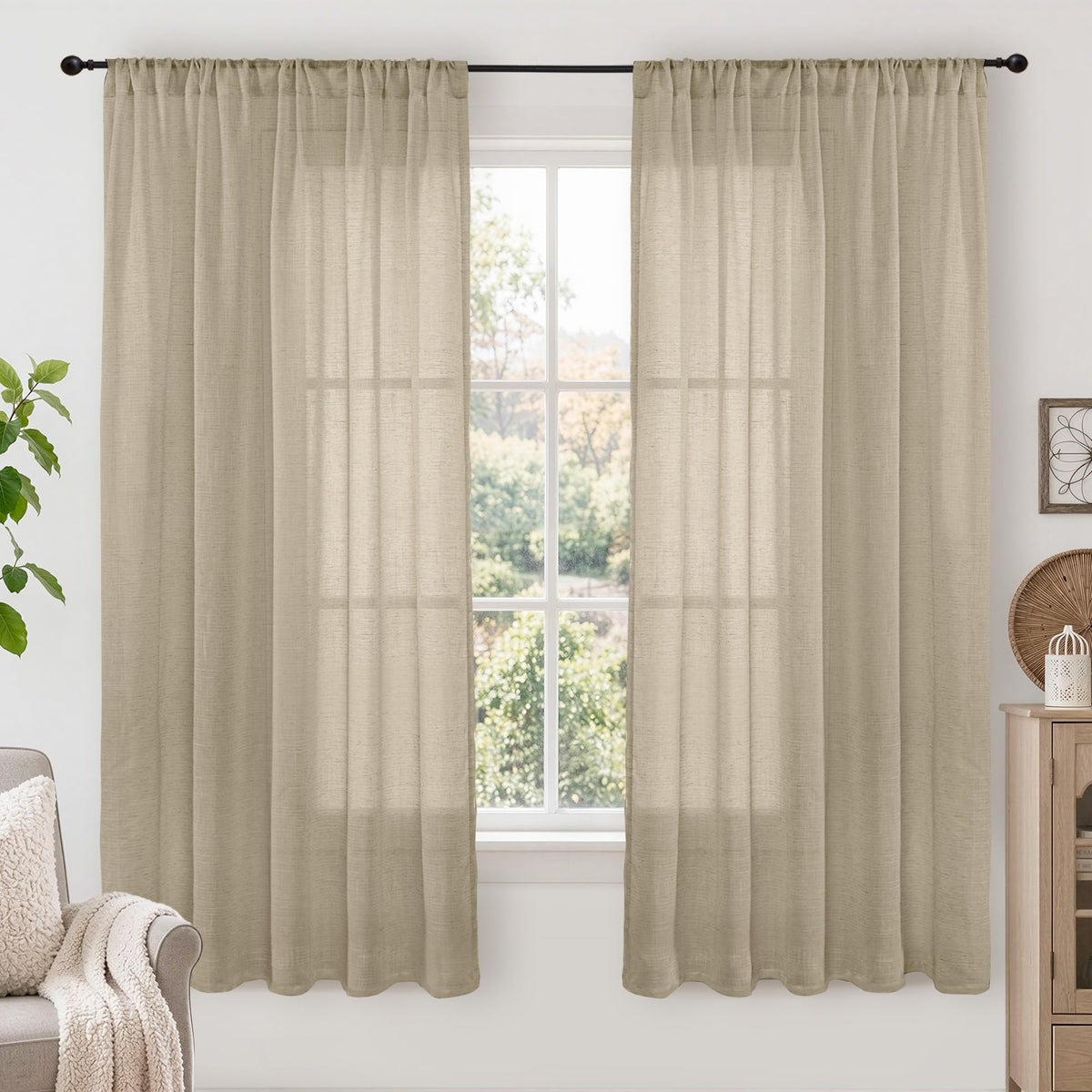 BGment Tan Linen Curtains 84 Inch Length 2 Panels Burlap Semi Sheer Drapes