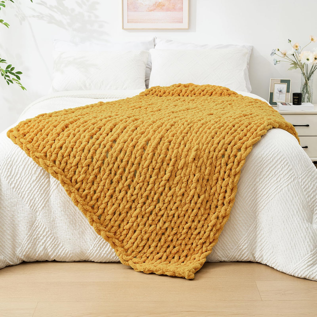 Bigacogo Chunky Knit Throw Blanket for Couch, 40x60 inches, Beige