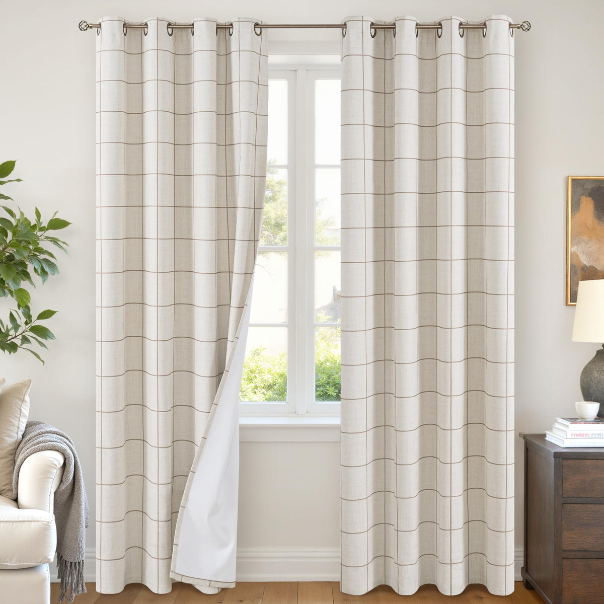 Lajode Linen Blackout Curtains - Boho Plaid 52x84 Inch 2 Panels, Natural