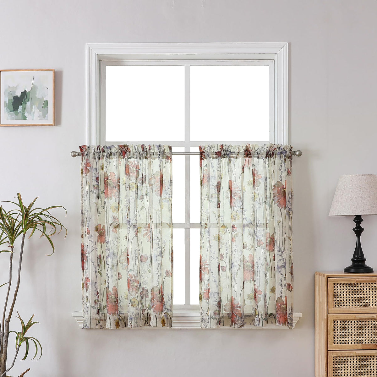 OWENIE Crushed Sheer Curtains 84 Inch Length 2 Panels Set, Sheer Floral Curtains Printed Drapes on Sheers for Living Room, Rod Pocket Light Filtering Window Sheers (2 Panels, 42" x 84")