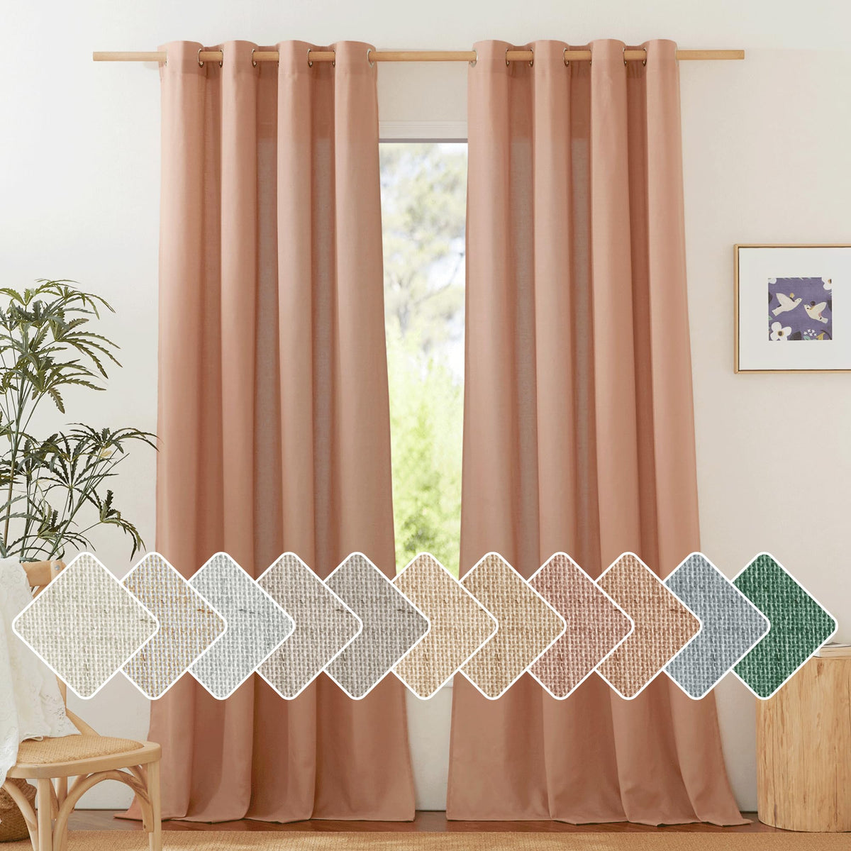 NICETOWN Natural Linen Curtains 84 inch Long 2 Panels Set, Grommet Top Thick Linen Burlap Semi Sheer Vertical Drapes Privacy Assured with Light Filtering for Bedroom/Living Room, W55 x L84