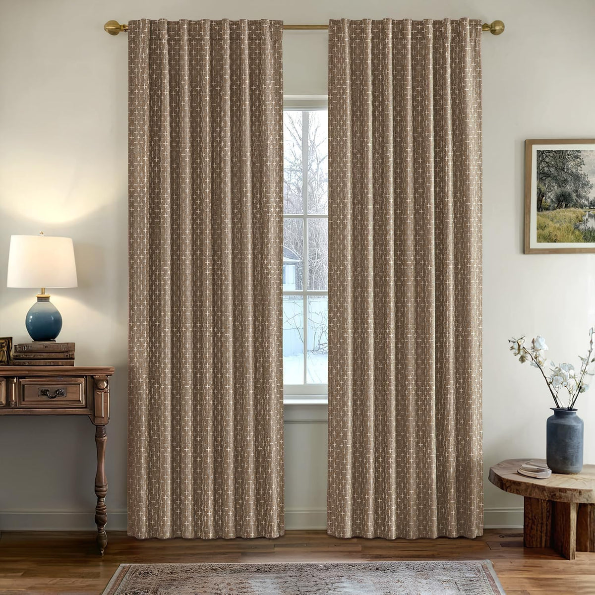 MIULEE Patterned Farmhouse Linen Curtains, Back Tab, 52Wx84L, Blue