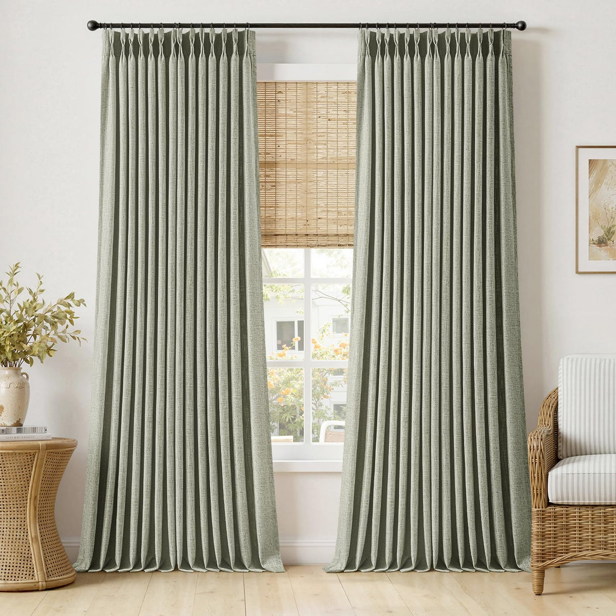 MIULEE Pinch Pleated Linen Curtains 96 Inches Long Beige White 2 Panels