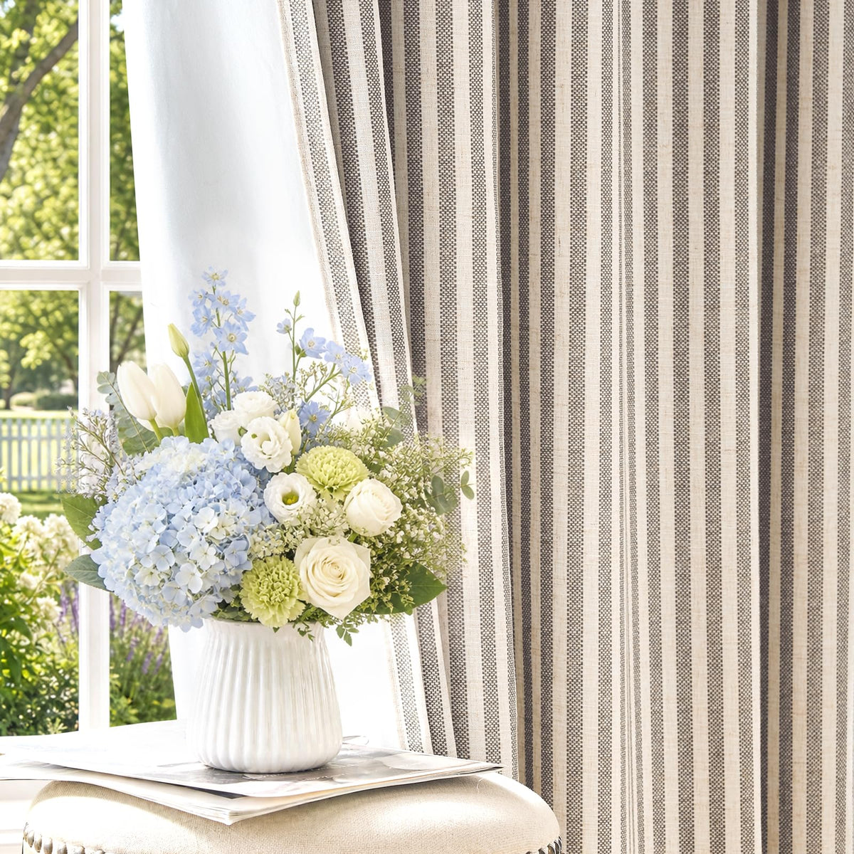 jinchan Linen Curtains 84 Inch Taupe Grey Stripe on Beige Grommet 2 Panels