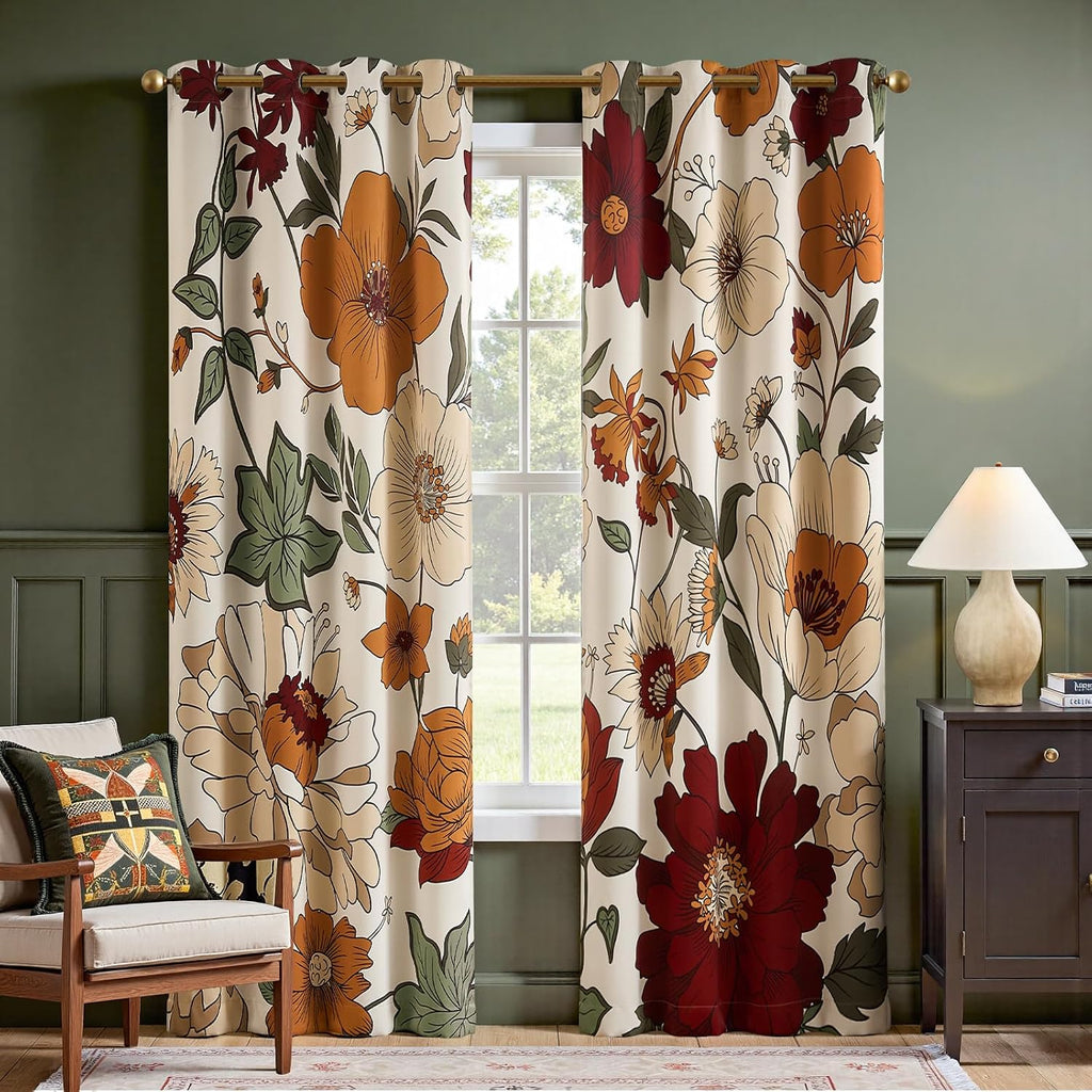 jinchan Beige Boho Floral Blackout Curtains 84 Inch Grommet 4 Panels
