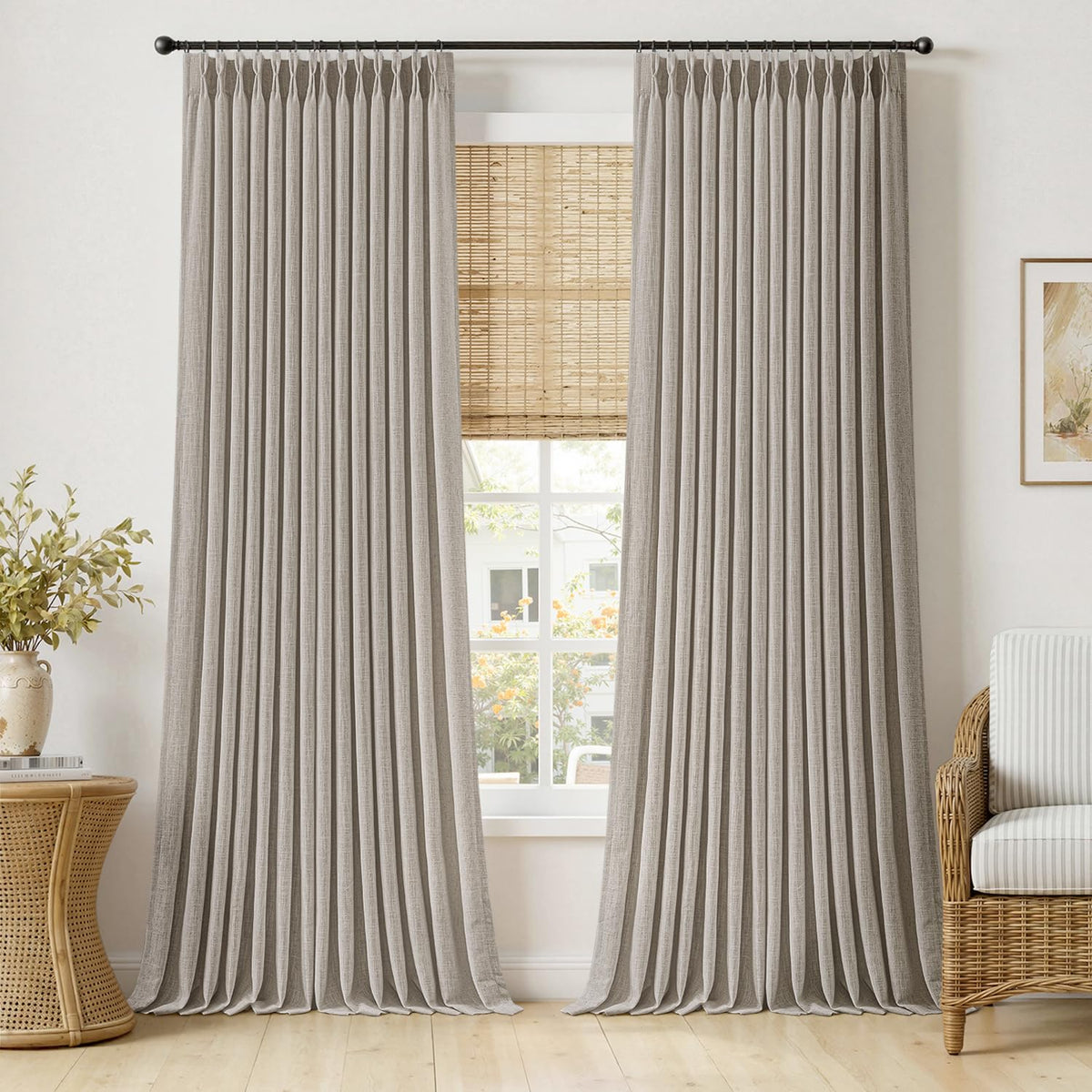 MIULEE Pinch Pleated Linen Curtains 96 Inches Long Beige White 2 Panels