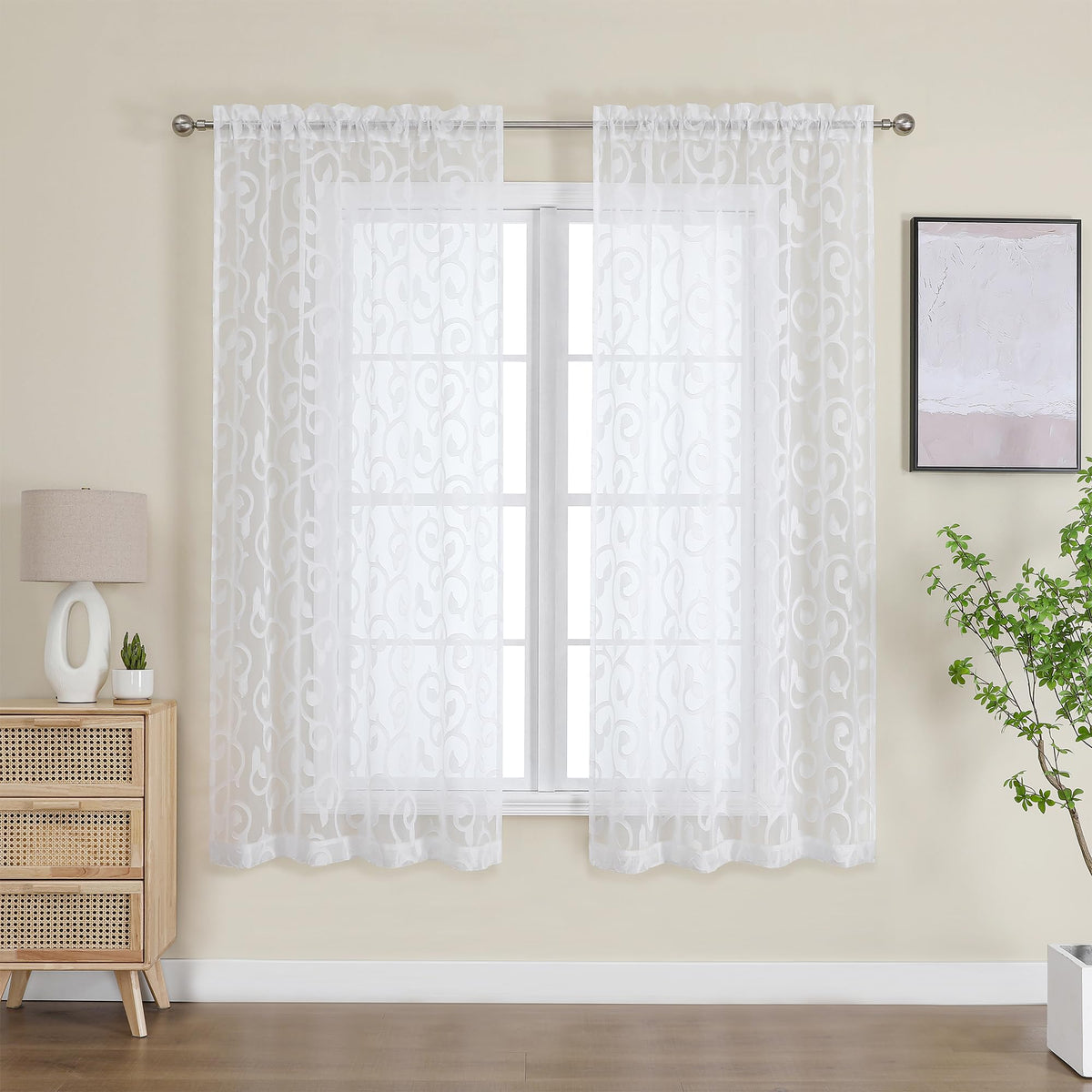 OWENIE Furman Ivory Sheer Curtains 84 inches Long for Bedroom Living Room 2 Panels Set, Jacquard Clip Light Filtering Semi Sheer Curtain Rod Pocket Window Drapes, 2 Pcs Each 40 W 84 L