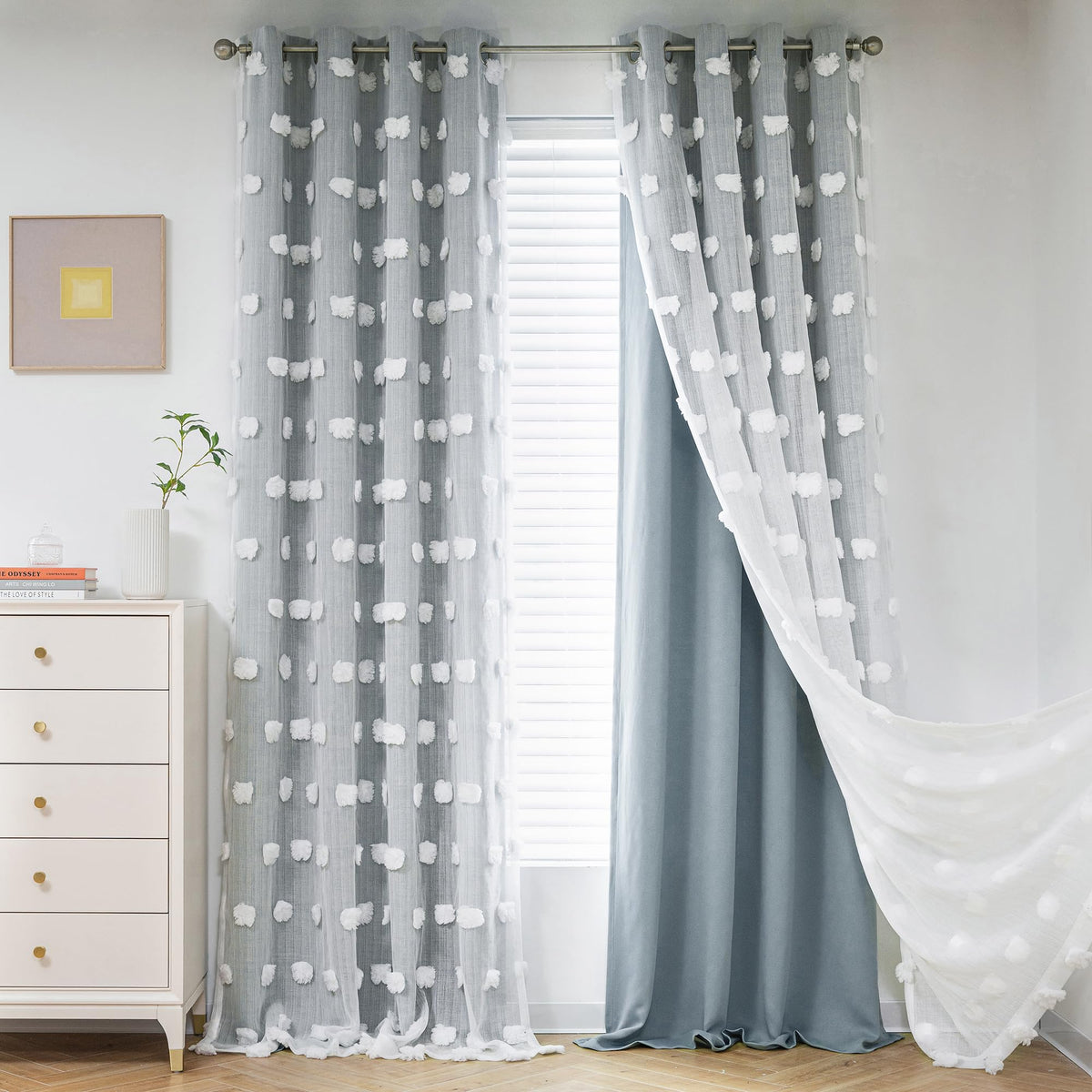MYSKY HOME Beige Boho Curtains for Living Room 84 Inches Long Blackout Bohemian Curtains 2 Panels Beige Pom Pom Sheer Thermal Insulated Rustic Grommet Privacy Room Darkening Window Drapes 52" x 84"