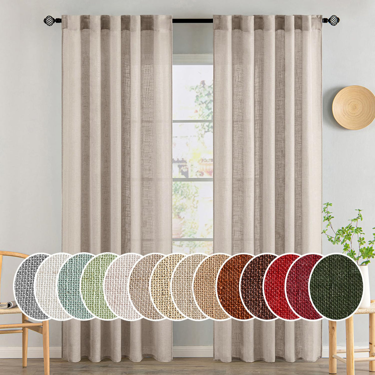 MIULEE Natural White Linen Curtains 52x90 Inch Long 2 Panels for Bedroom