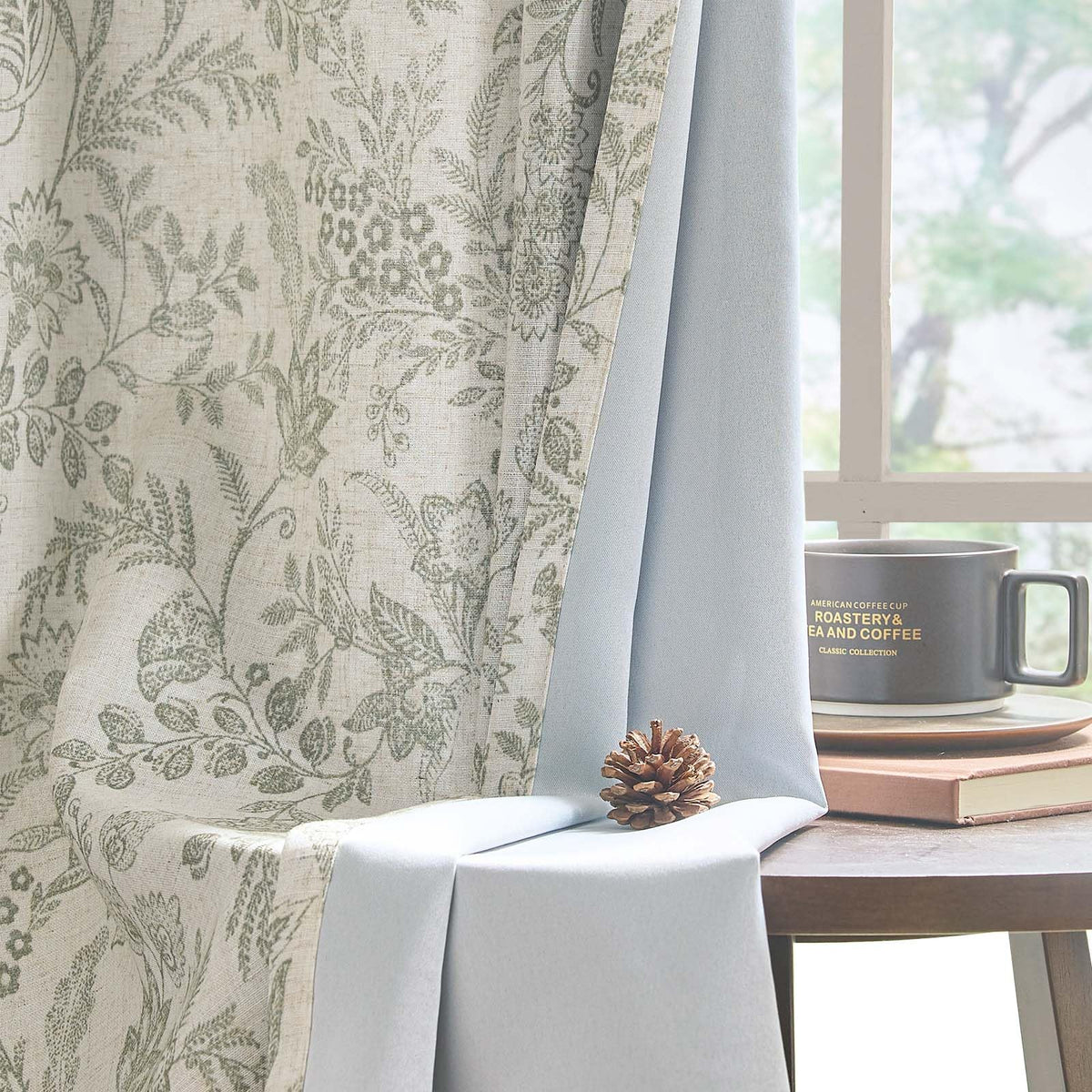 Lazzzy Grey Floral Linen Curtains Farmhouse Grommet Top 50W X 63L 2 Panels