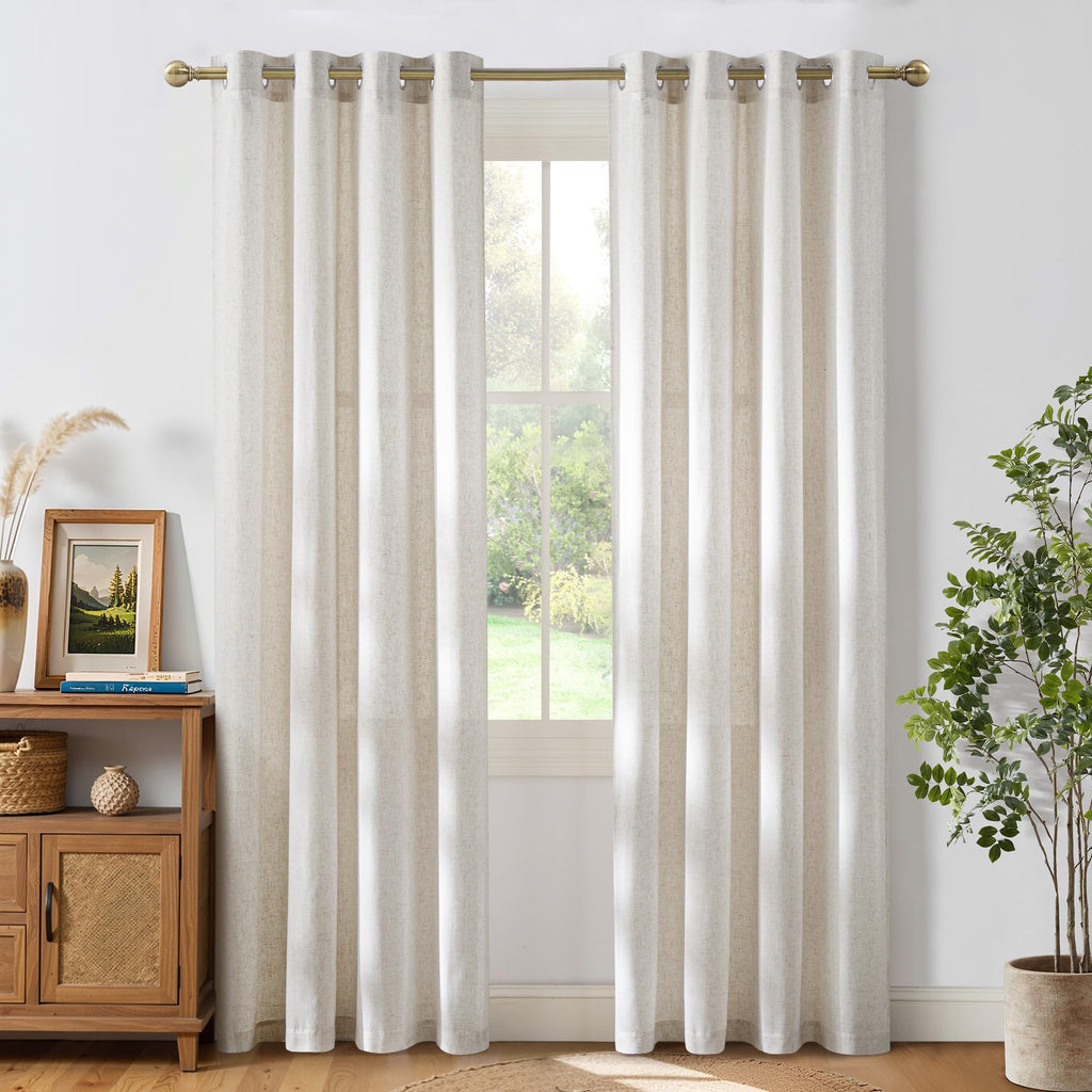 NICETOWN Natural Linen Curtains 84 inch Long 2 Panels Set, Grommet Top Thick Linen Burlap Semi Sheer Vertical Drapes Privacy Assured with Light Filtering for Bedroom/Living Room, W55 x L84