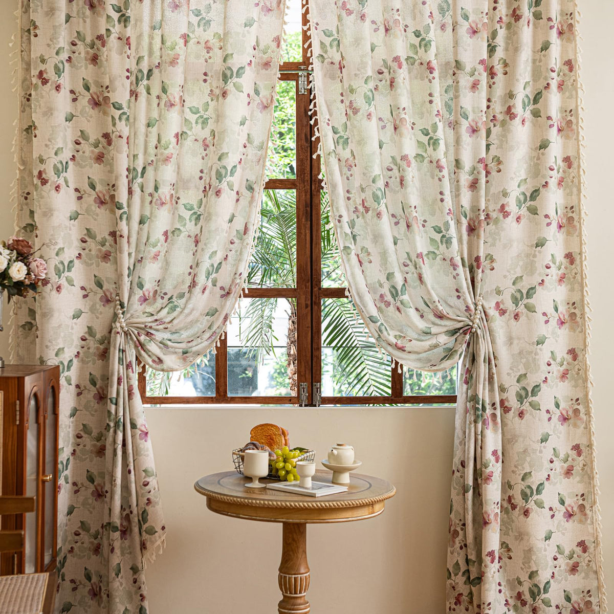 ENJOYBRIDAL Floral Curtains 84 Inch Long Living Room Boho Drapes Bedroom 2 Panels Semi Sheer Floor Length Window Curtain Panels Vintage Rod Pocket Tassel Farmhouse Nursery Window Treatments