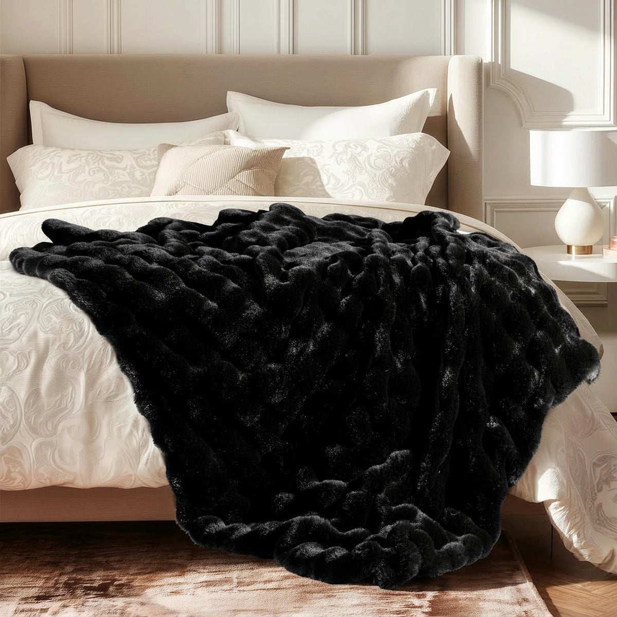 Ultra Soft Cozy Faux Fur Throw Blanket, Fuzzy Plush Thick Bubble Blanket, Luxury Fluffy Blanket for Couch, Sofa, Bedroom, and Living Room, 50x60 Inches, Cream White