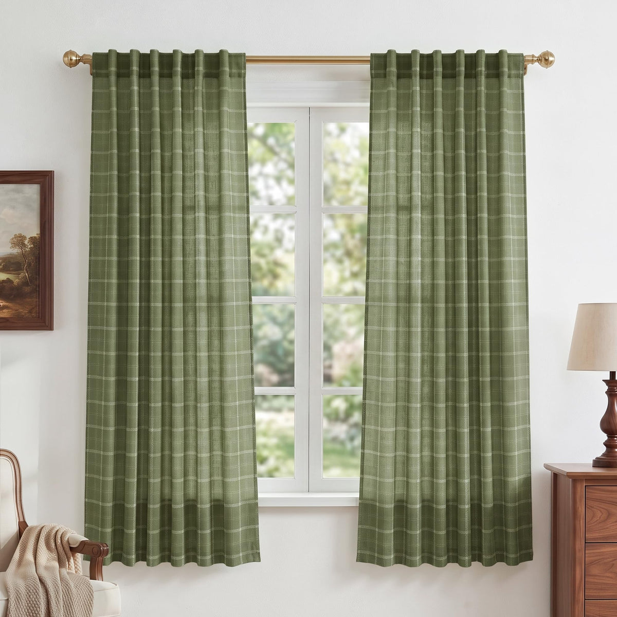 NICETOWN Moss Green Linen Plaid Curtains 96 inches Long for Bedroom