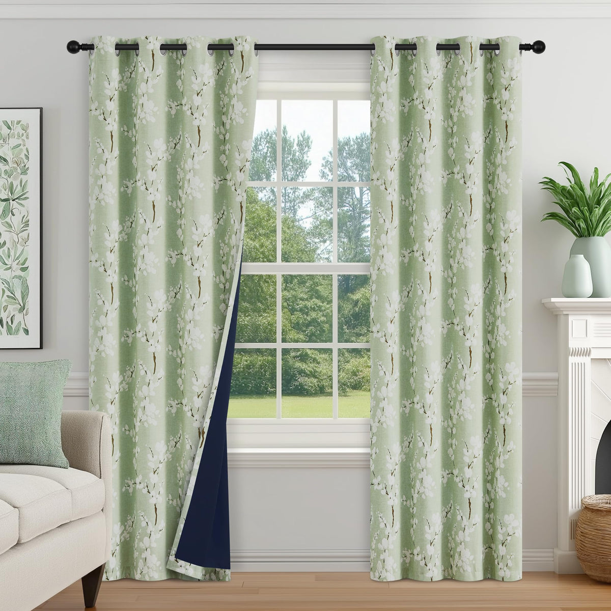 FMFUNCTEX Blue Blackout Floral Curtains, Bedroom, 100X84 Inches, 1 Panel