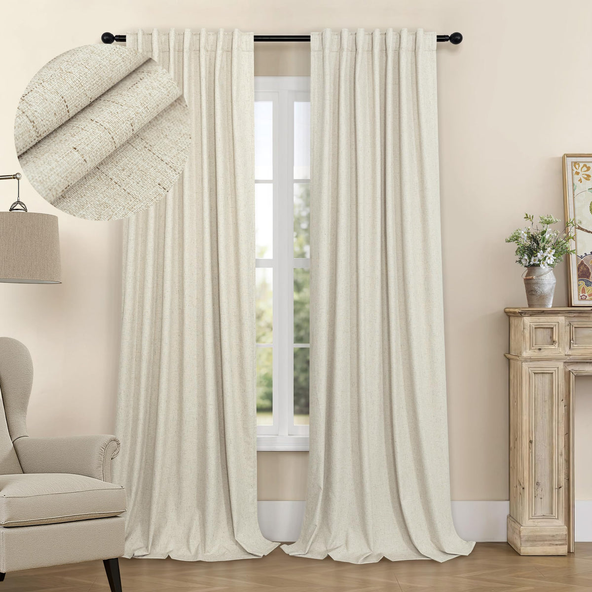 100% Blackout Curtains 84 Inch Length 2 Panels Set Neutral Boho Linen Farmhouse for Bedroom Windows Living Room Darkening Thermal Insulated Drapes Natural Cream Ivory 7ft Long Back Tab Pleated Pocket