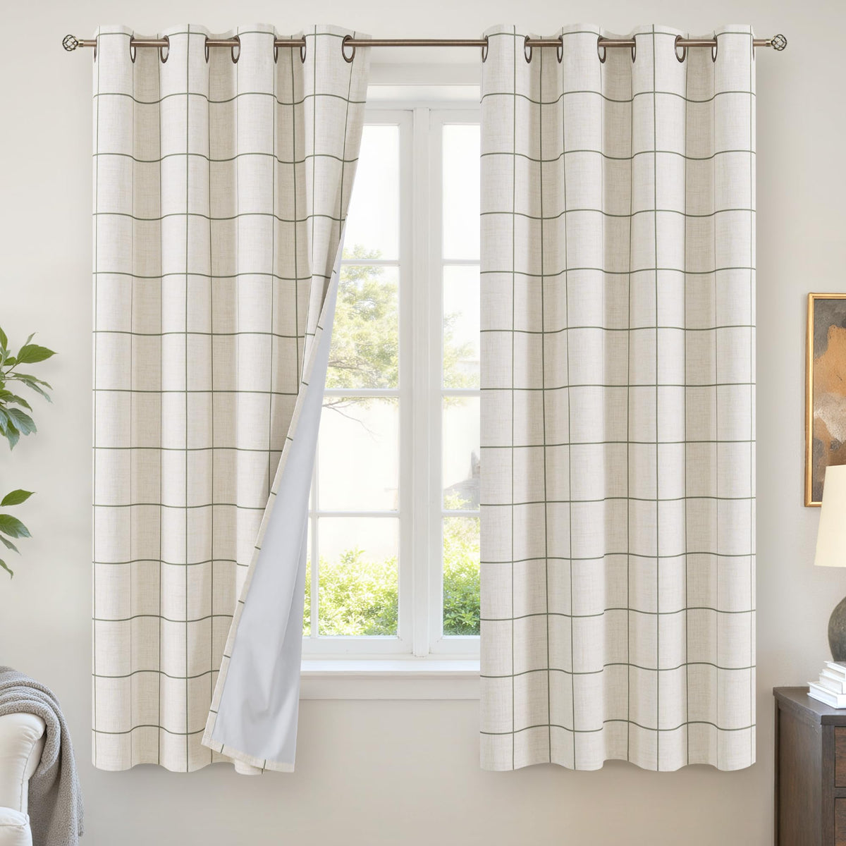 Lajode Linen Blackout Curtains - Boho Plaid 52x84 Inch 2 Panels, Natural
