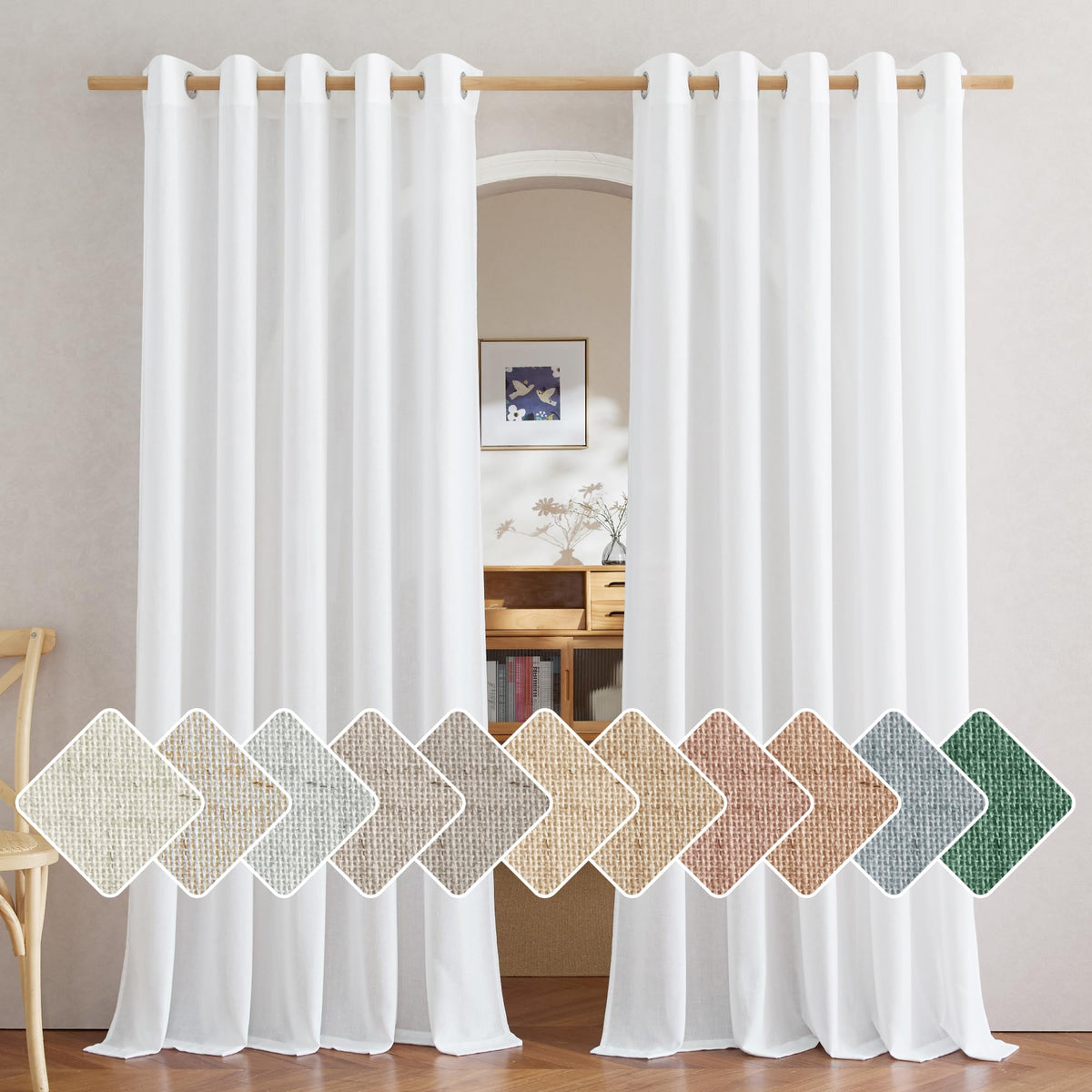 NICETOWN Natural Linen Curtains 84 inch Long 2 Panels Set, Grommet Top Thick Linen Burlap Semi Sheer Vertical Drapes Privacy Assured with Light Filtering for Bedroom/Living Room, W55 x L84