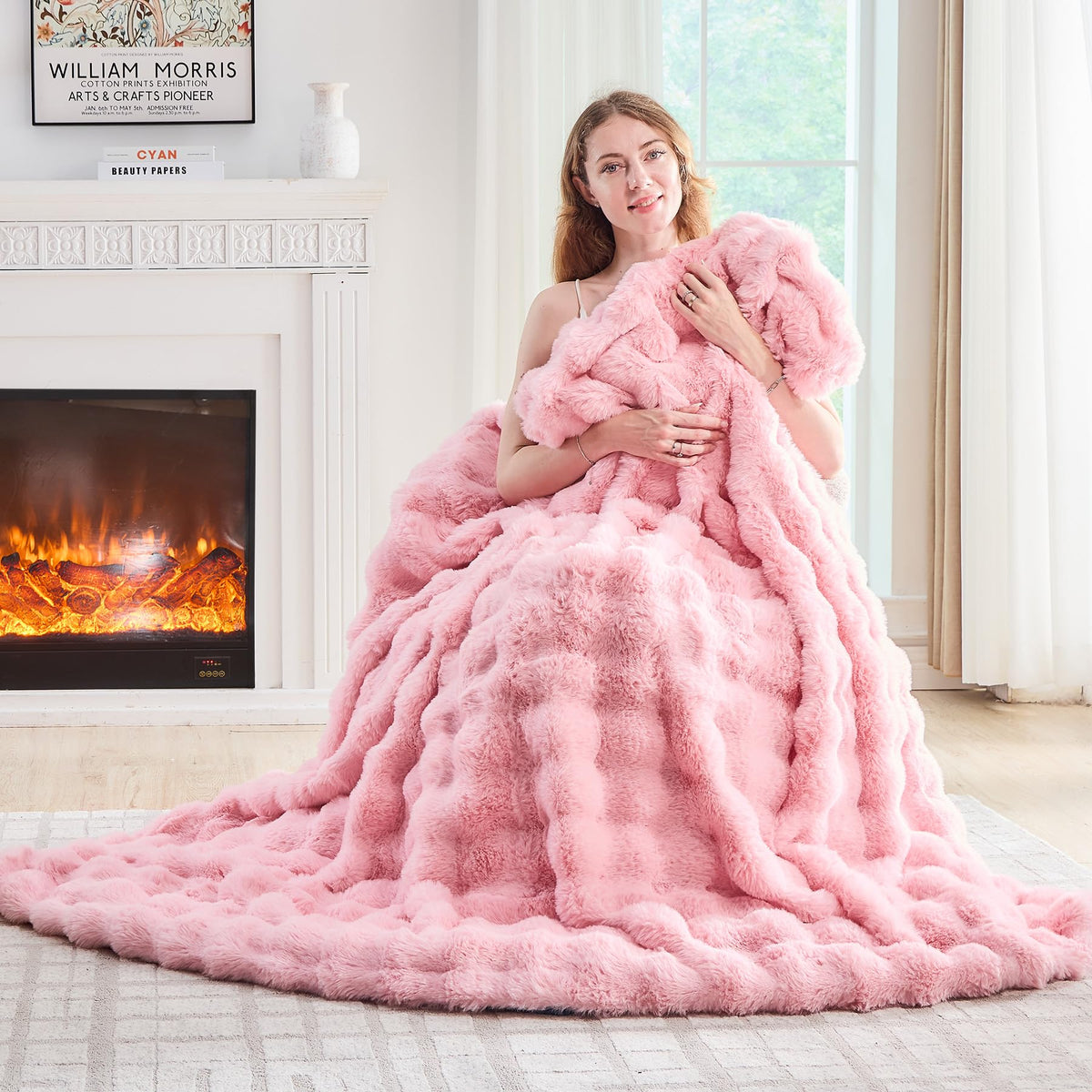 Lotus Karen Faux Fur Throw Blanket Cream White - Big Bubble Rabbit Fluff Blanket for Couch, Small Fluffy Fuzzy Cozy Blanket, Thick Furry Plush Shaggy Blankets, 50x60 Inches