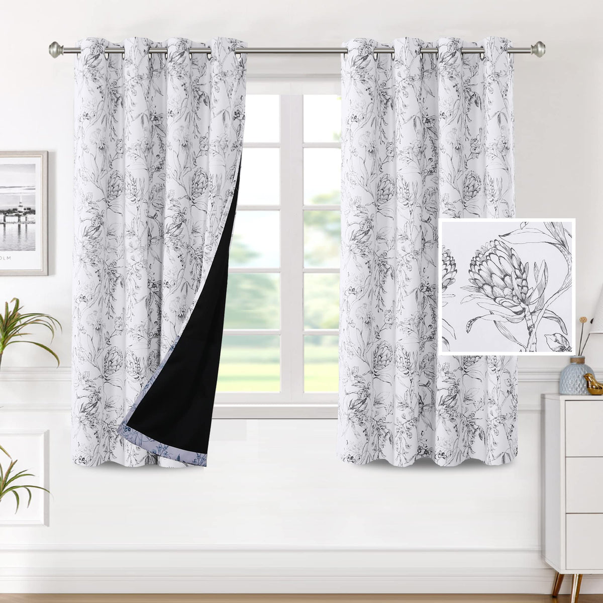 H.VERSAILTEX 100% Blackout Curtains 84 inch Length 2 Panels Set Cattleya Floral Printed Drapes Leah Floral Thermal Curtains for Bedroom with Black Liner Sound Proof Curtains, Grey and Taupe