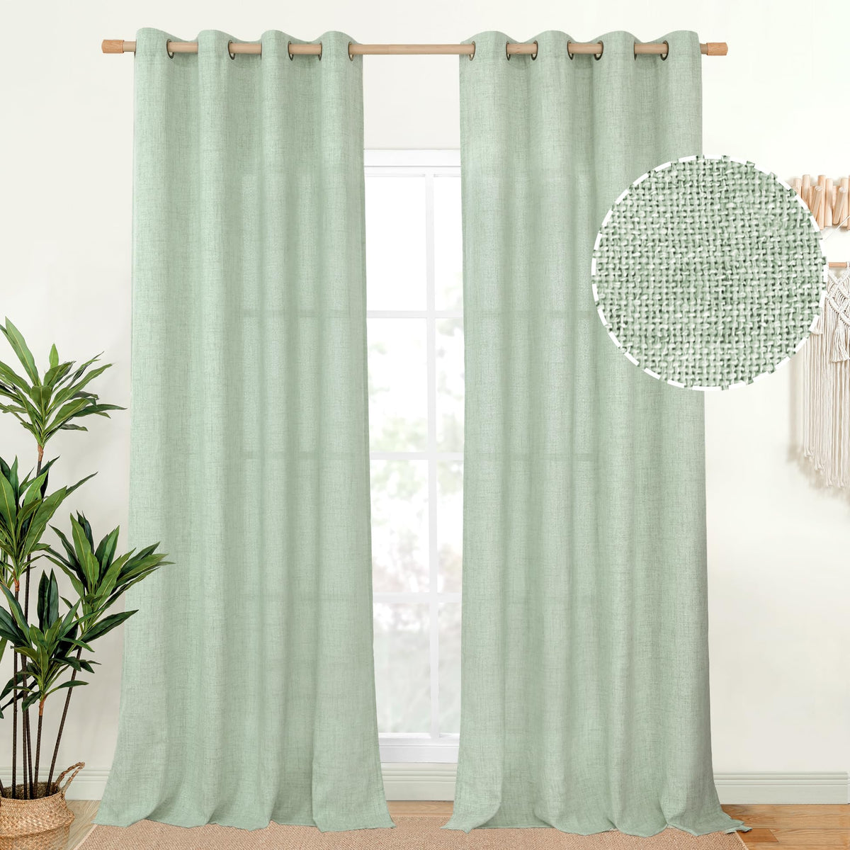 YoungsTex Linen Semi Sheer Curtains 63 Inch Length, Light Filtering Drapes