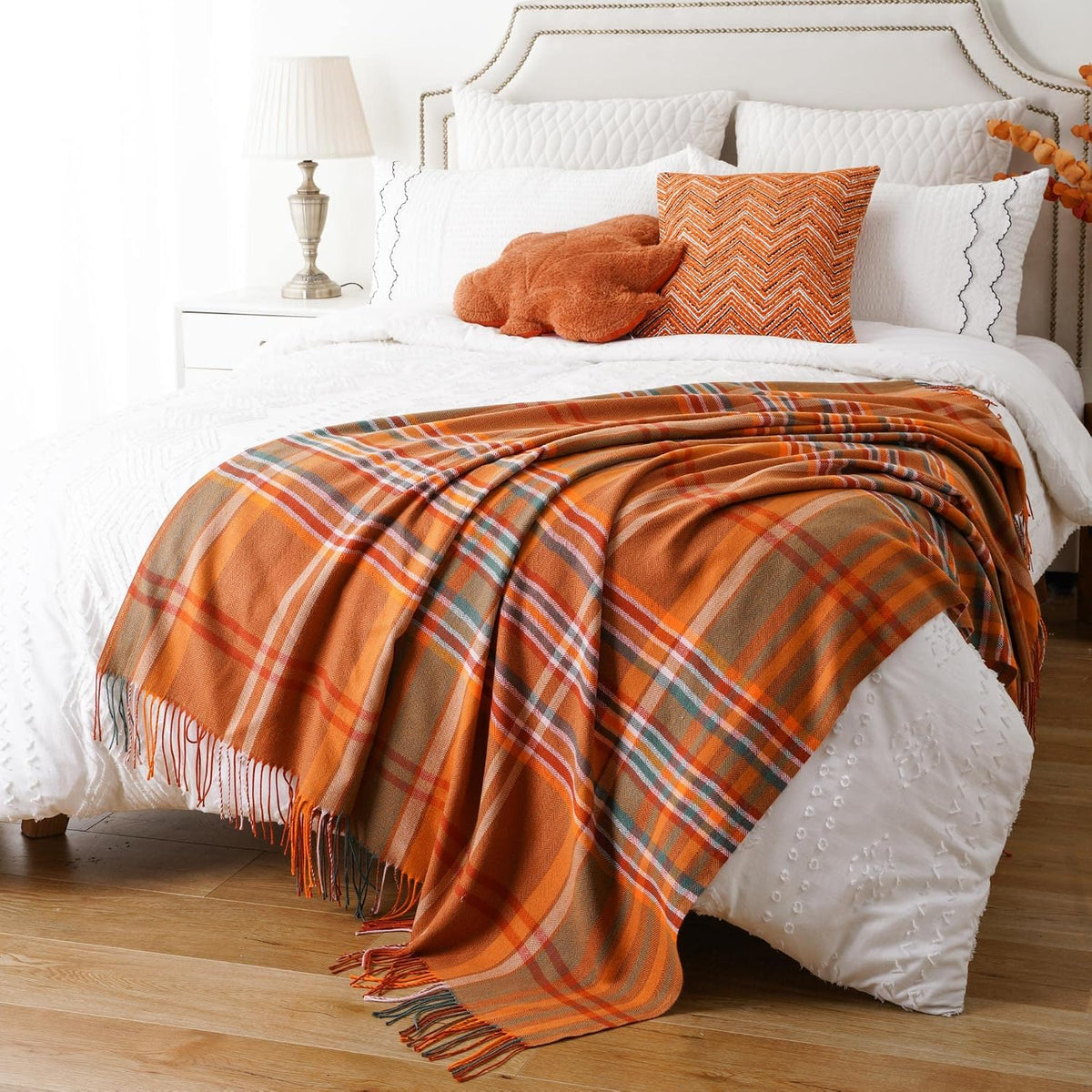 Orange Plaid Throw Blanket for Couch, Fall Throw Blanket 50"x60" Fall Decor