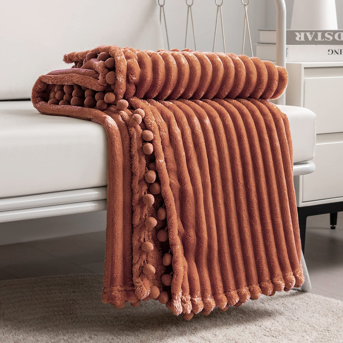 DISSA Fleece Blanket Throw Size – 51x63, Yellow Soft, Plush, Fluffy, Fuzzy, Warm, Cozy Perfect for Couch, Bed, Sofa - with Pompom Fringe Flannel