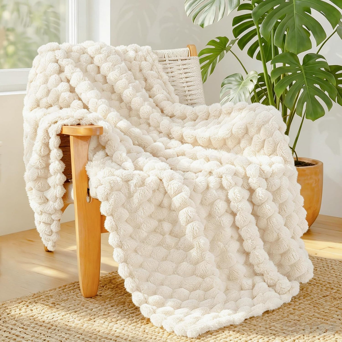 Whale Flotilla Soft 3D Jacquard Fleece Throw Blanket for Couch & Bed, Ivory
