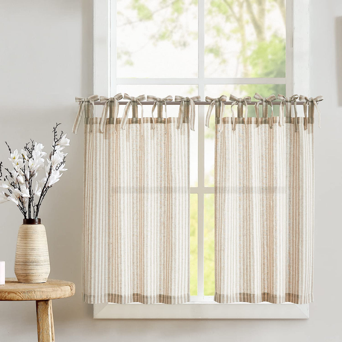 jinchan Striped Linen Kitchen Curtains 36 Inches Length Tier Curtains Farmhouse Modern Cafe Style Small Window Treatments Airy Light Filtering Rod Pocket for Living Room Bathroom 2 Panels Sage Green