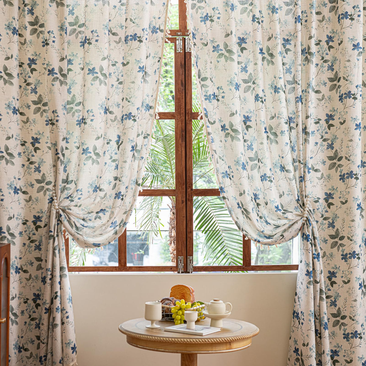 ENJOYBRIDAL Floral Curtains 84 Inch Long Living Room Boho Drapes Bedroom 2 Panels Semi Sheer Floor Length Window Curtain Panels Vintage Rod Pocket Tassel Farmhouse Nursery Window Treatments