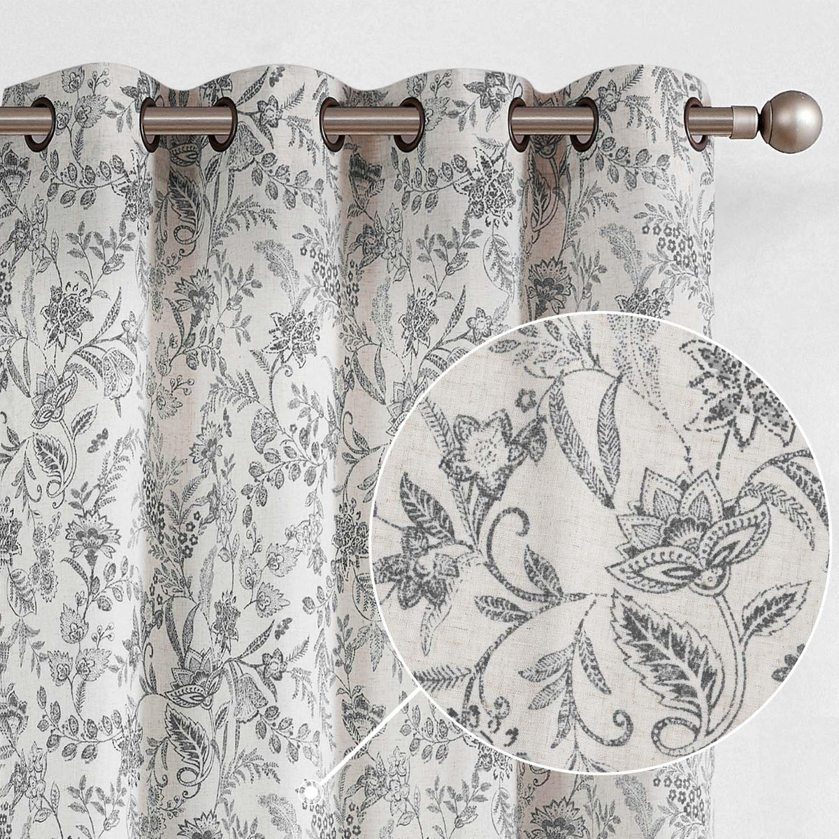 Lazzzy Grey Floral Linen Curtains Farmhouse Grommet Top 50W X 63L 2 Panels