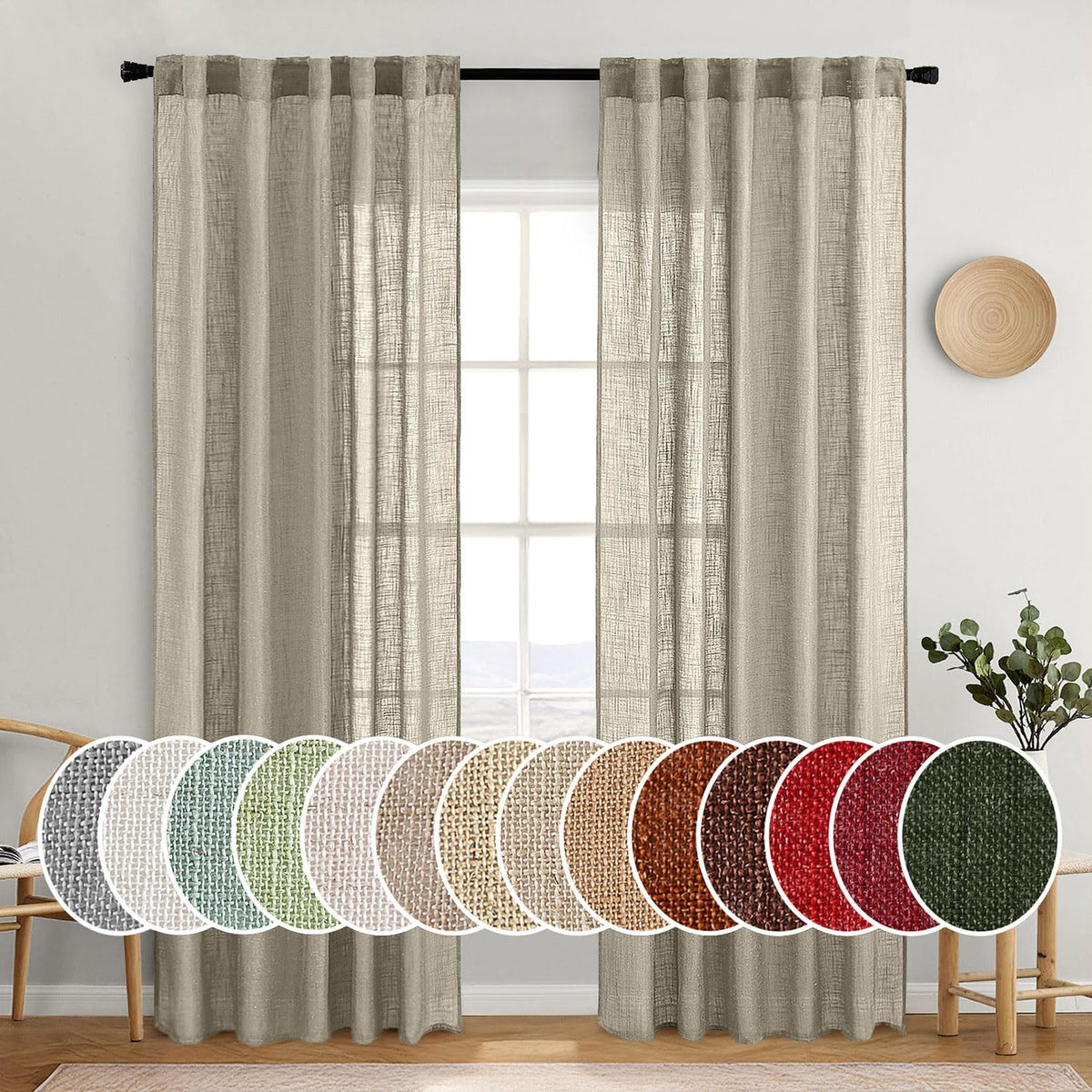 MIULEE Taupe Linen Curtains 52x84 Inch Length for Bedroom and Living Room