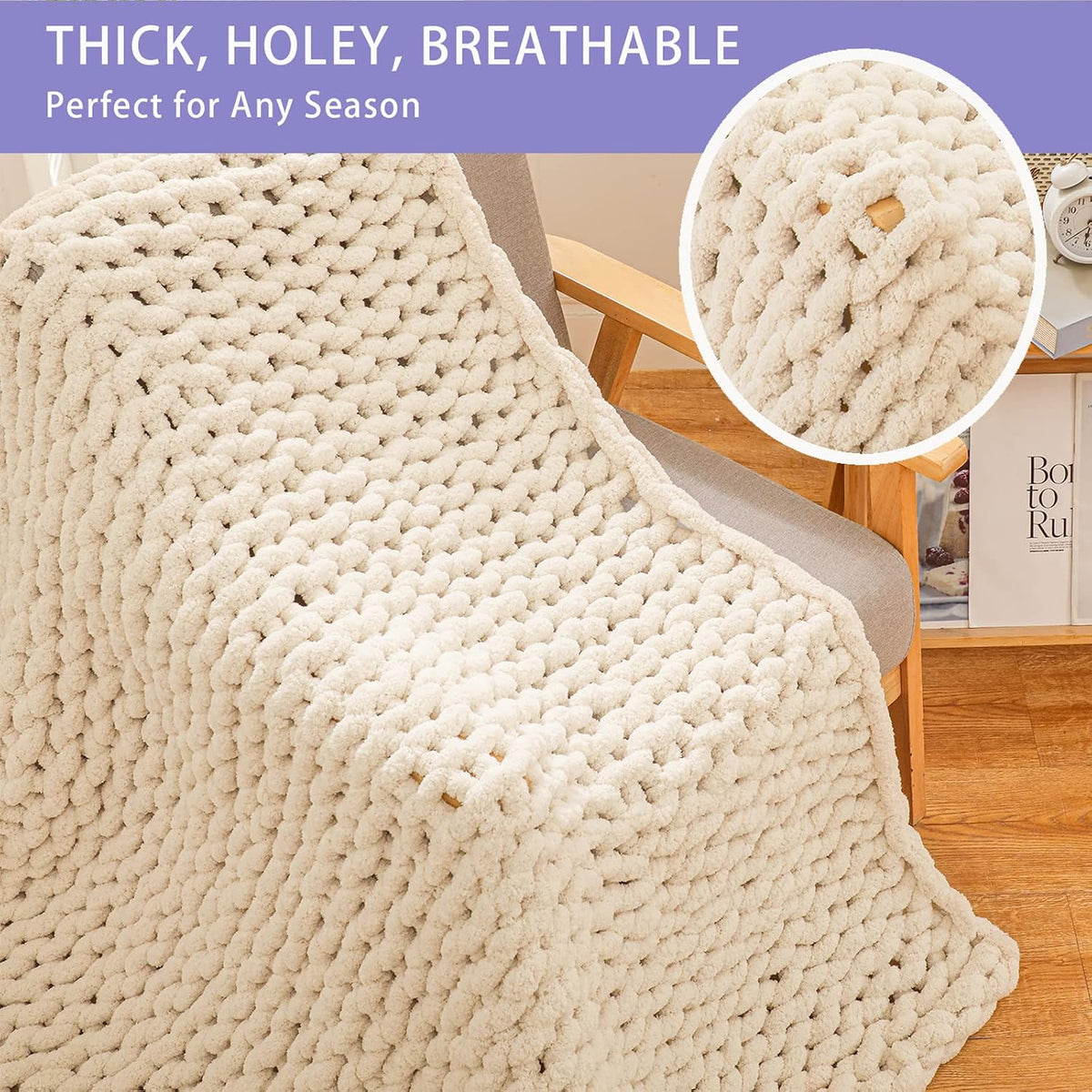 Bigacogo Chunky Knit Throw Blanket for Couch, 40x60 inches, Beige
