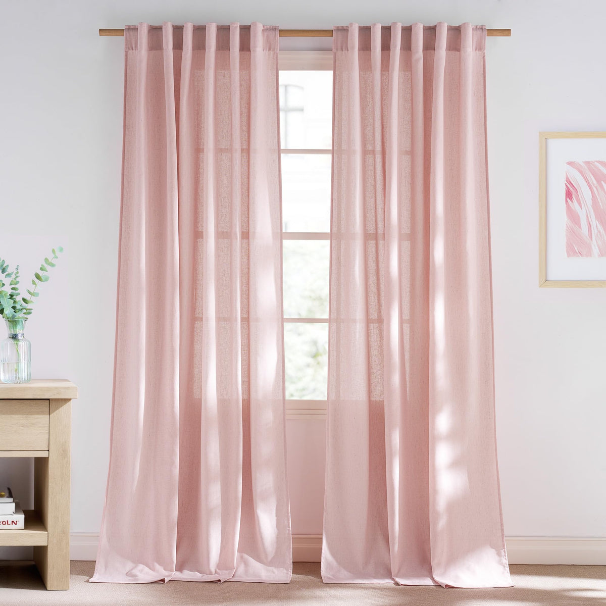 NICETOWN Flax Sheer Linen Curtains for Living Room 95 inch Long 2 Panels, Rod Pocket & Back Tab Semi Sheer Drapes Privacy Added with Light Filtering for Bedroom/Living Room, Natural, W55 x L95