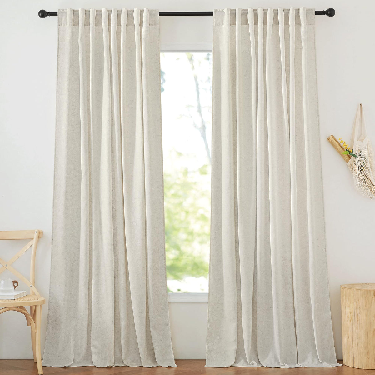 NICETOWN Flax Sheer Linen Curtains for Living Room 95 inch Long 2 Panels, Rod Pocket & Back Tab Semi Sheer Drapes Privacy Added with Light Filtering for Bedroom/Living Room, Natural, W55 x L95