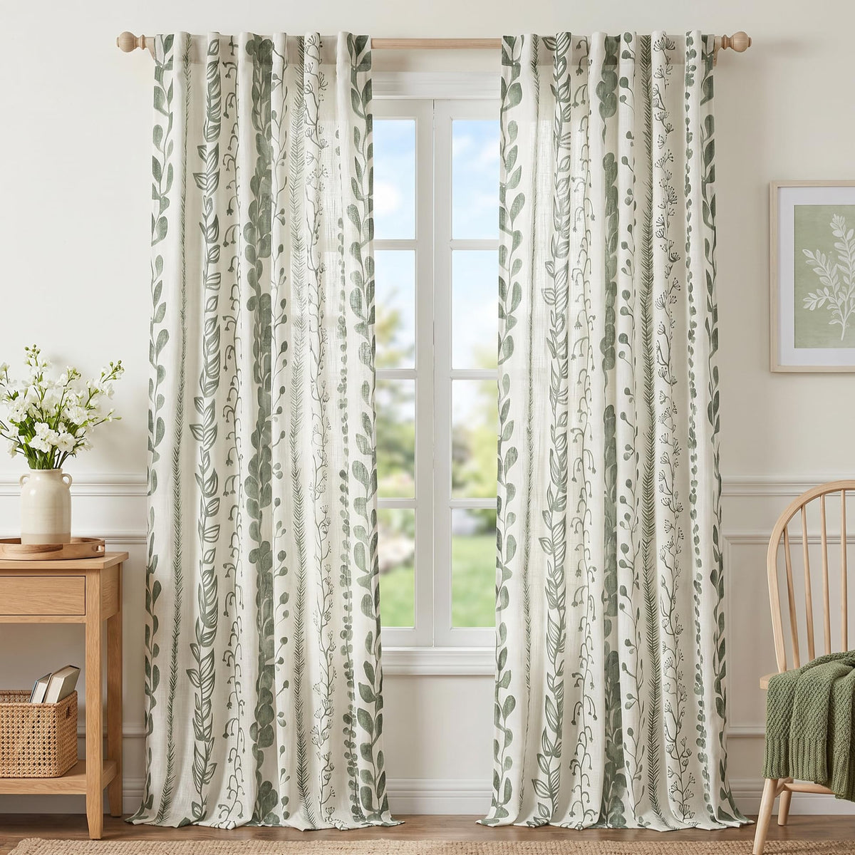 MEETSKY Sage Green Curtains 72 Inches Long 2 Panels Boho Curtains for Living Room Light Filtering Patterned Drapes for Bedroom Linen Style Back Tab Leaf Print Window Treatment, 50” Wide Each Panel