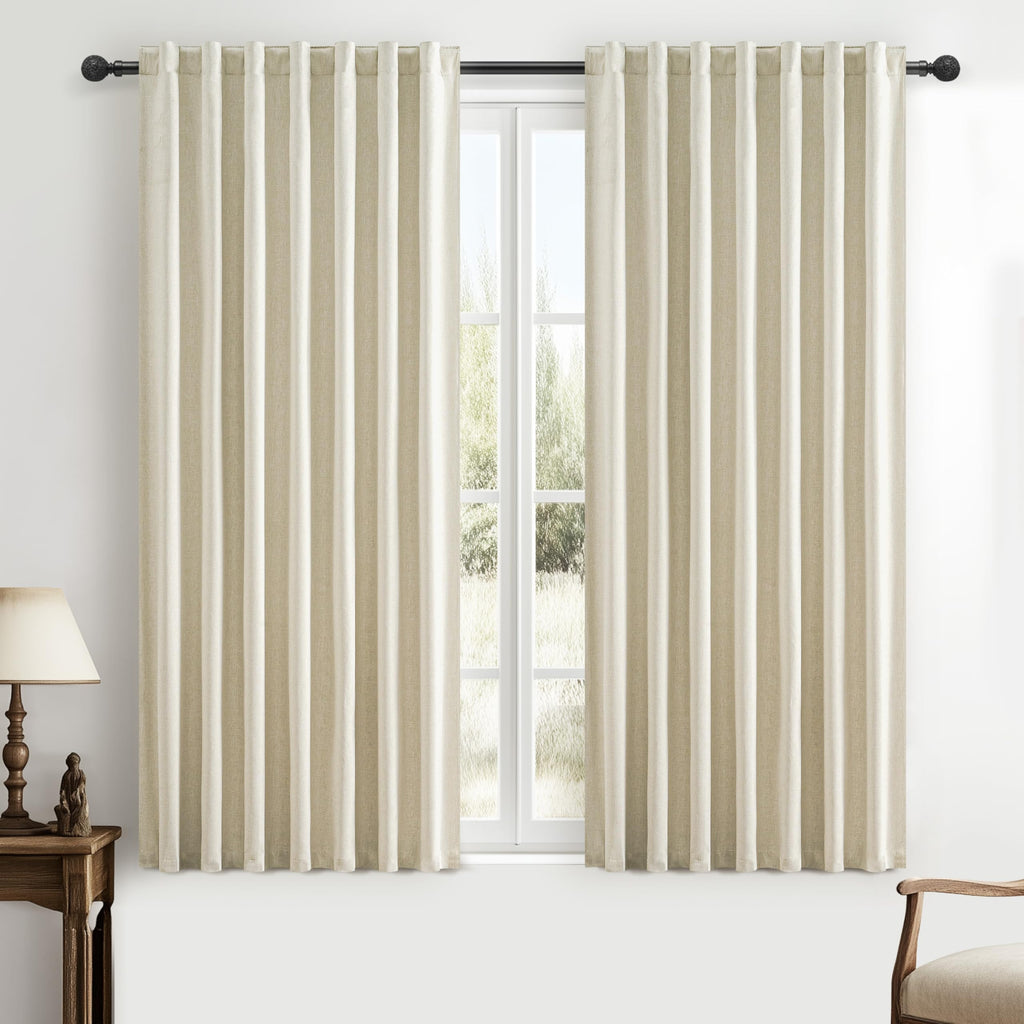 100% Blackout Curtains 84 Inch Length 2 Panels Set Farmhouse Style for Bedroom Windows/Living Room Thermal Insulated Neutral Boho Drapes Linen Blend Natural Ivory 7ft Long Hook Belt Pleated/Back Tab