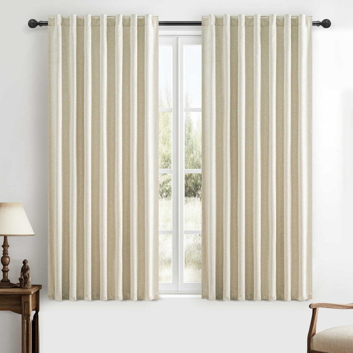 100% Blackout Curtains 84 Inch Length 2 Panels Set Farmhouse Style for Bedroom Windows/Living Room Thermal Insulated Neutral Boho Drapes Linen Blend Natural Ivory 7ft Long Hook Belt Pleated/Back Tab