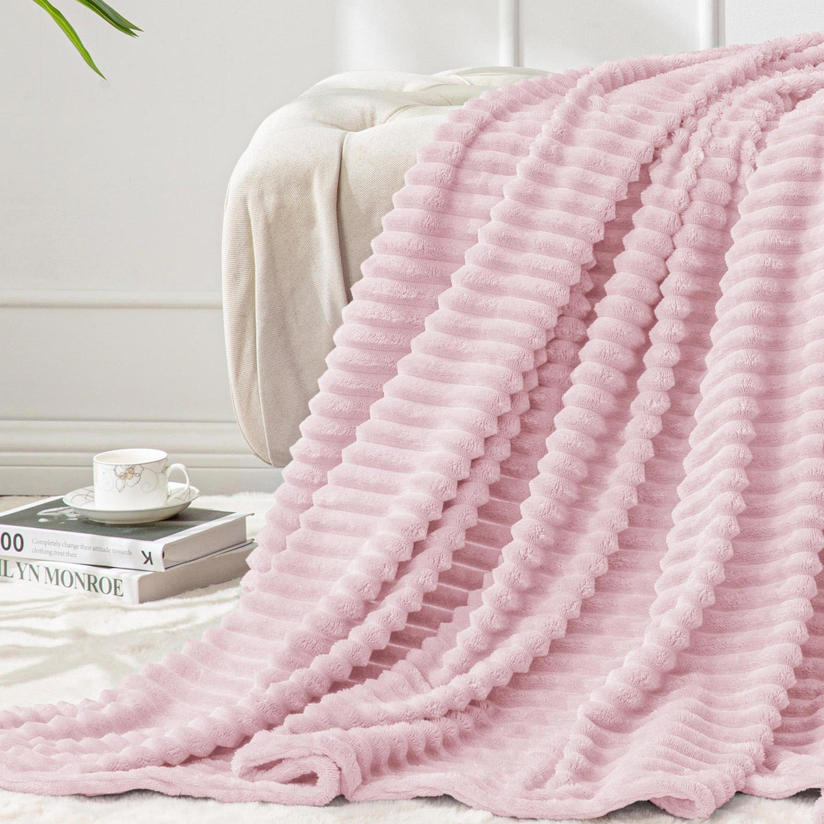 BEDELITE 3D Ribbed Jacquard Pink Fleece Throw Blanket for Couch, 50x60 Inch