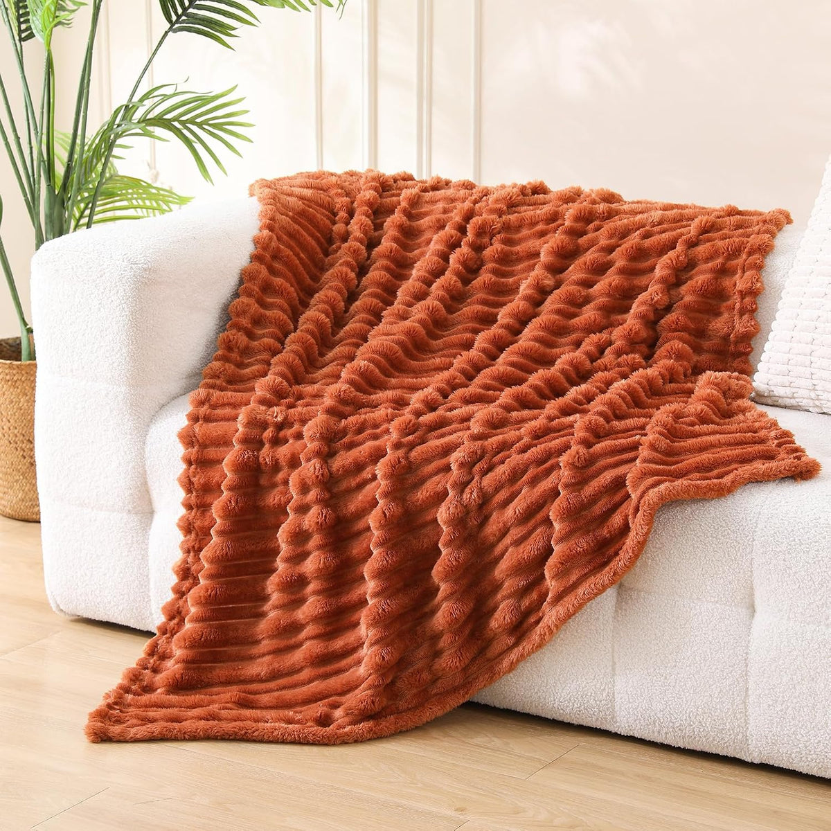 Puncuntex Burnt Orange Soft Throw Blanket 50"×60" for Couch Cozy 3D Striped