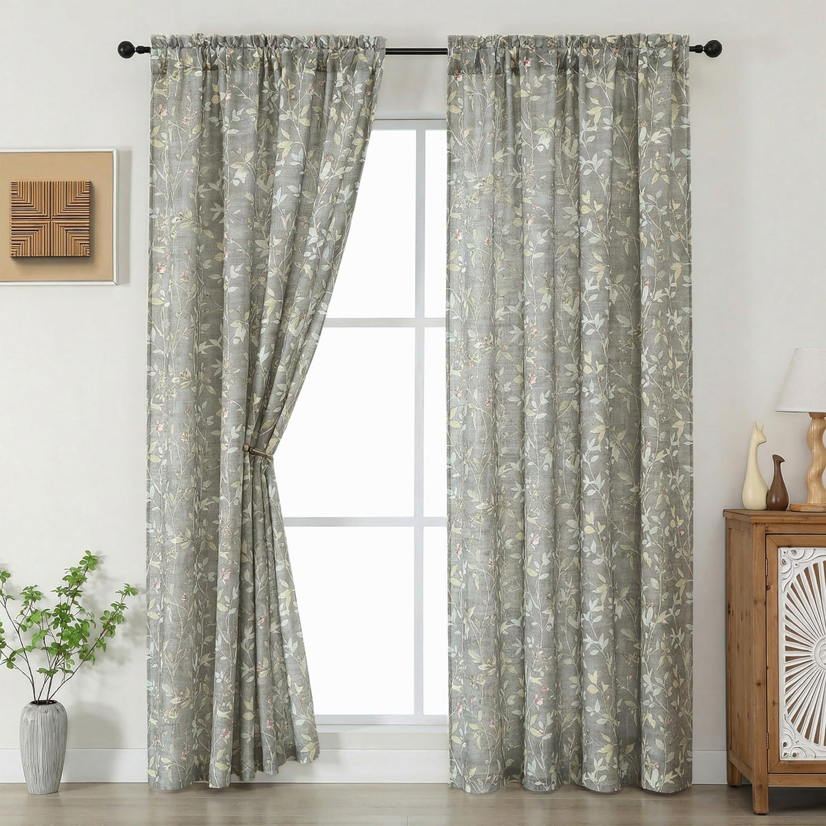 Chyhomenyc Roman Linen Blend Curtains 45 Inch Length 2 Panels, Light Filtering Soft Airy Leaf Floral Printed Rod Pocket Textured Window Treatment Drapes for Living Room Bedroom, 38Wx45L Inch, 2 PCS