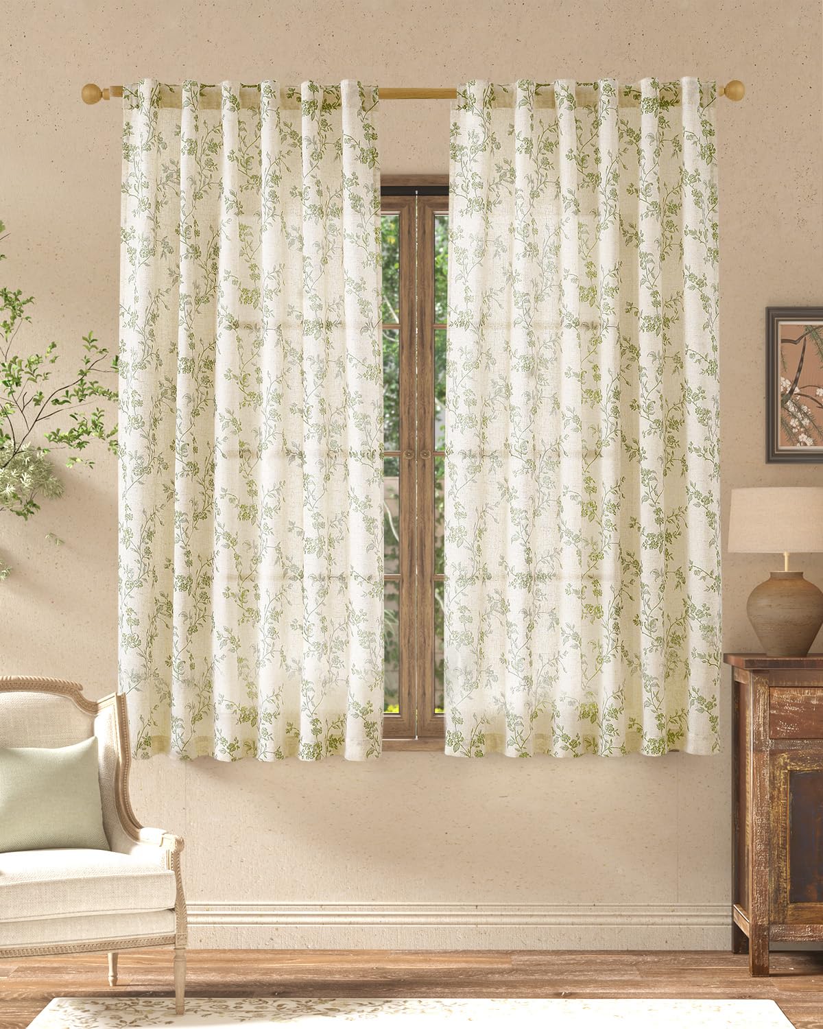 jinchan Taupe Floral Linen Curtains 84 Inch Farmhouse Back Tab 2 Panels