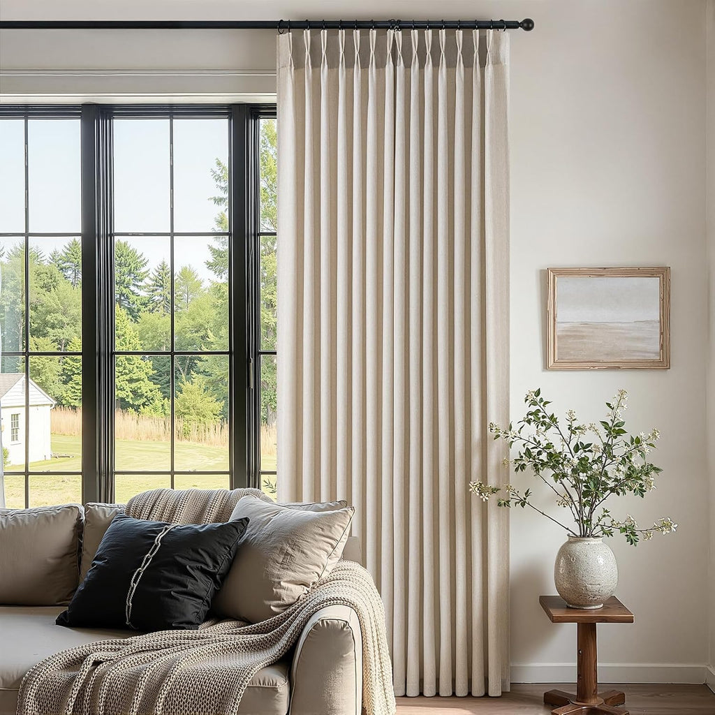 96 Inches Long Pinch Pleated Semi Sheer Curtains,Natural Linen Blended Light Filtering Window Curtains 96 Length for Living Room Bedroom Pinch Pleat Drapes with Hooks 2 Panels 72" Wx96 L