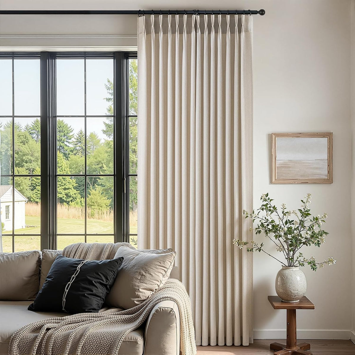 96 Inches Long Pinch Pleated Semi Sheer Curtains,Natural Linen Blended Light Filtering Window Curtains 96 Length for Living Room Bedroom Pinch Pleat Drapes with Hooks 2 Panels 72" Wx96 L